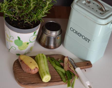 A countertop with a small compost bin and food scraps.